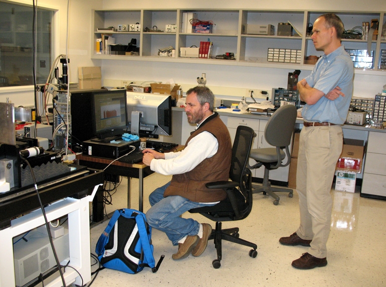 Carl Haber, Senior Scientist and Earl Cornell, Computer Systems Engineer working with the record at the Lawrence Berkeley National Laboratory.