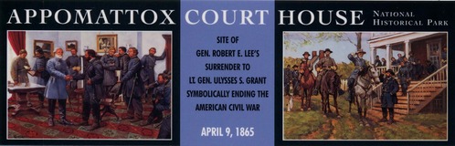 Postcard from Appomattox CH 2006 with painting of Lee and Grant in the parlor on the left side of the postcard and on the right side of the postcard Lee on a horse saluting Grant.