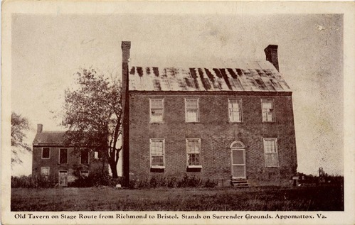 Postcard of old Tavern on Richmond Stage Rd, a two story brick building with a chimney at each of roof peaks.