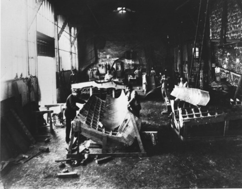 Workers in Bartholdi's Paris workshop building wood forms for the Statue.
