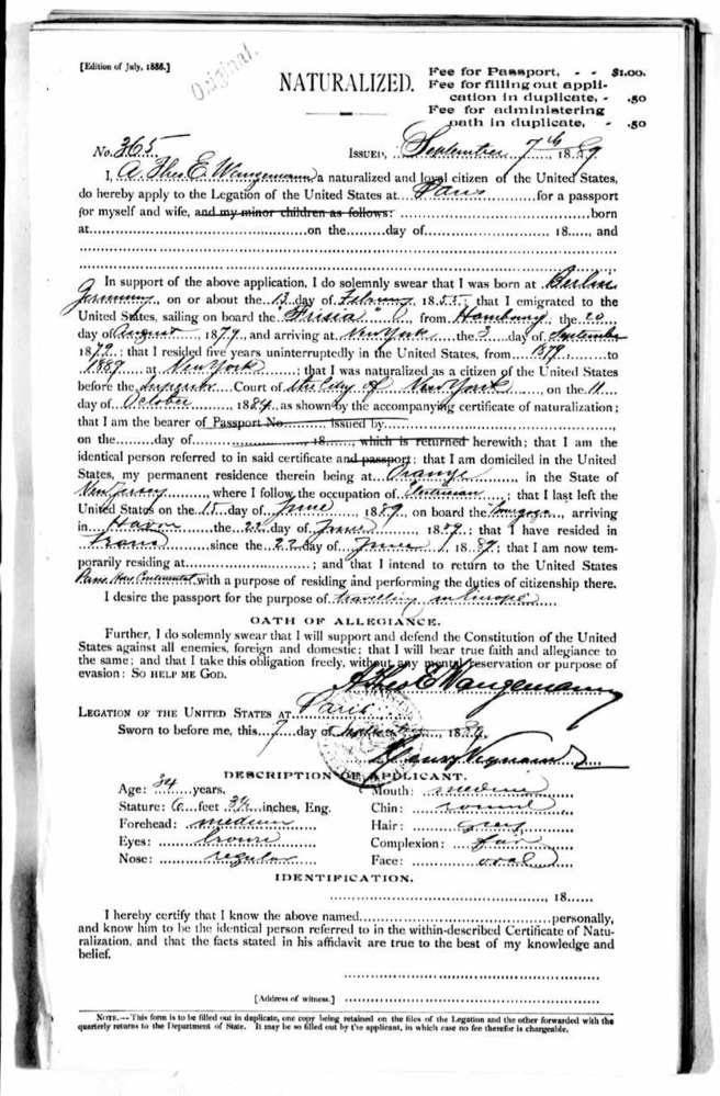 Theo Wangemann's passport application, Paris, France, September 7, 1889. (Credit: NARA Microfilm Publication M1372)