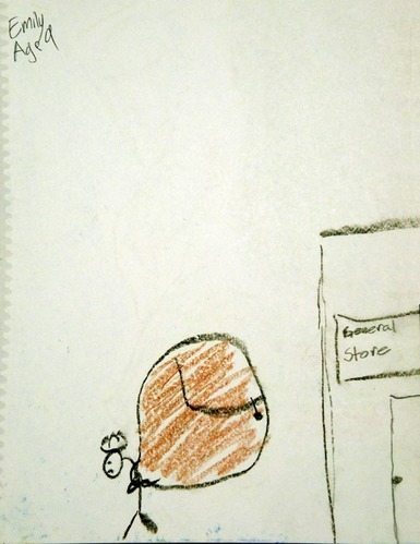 Drawing of person carrying big bag of supplies from general store.