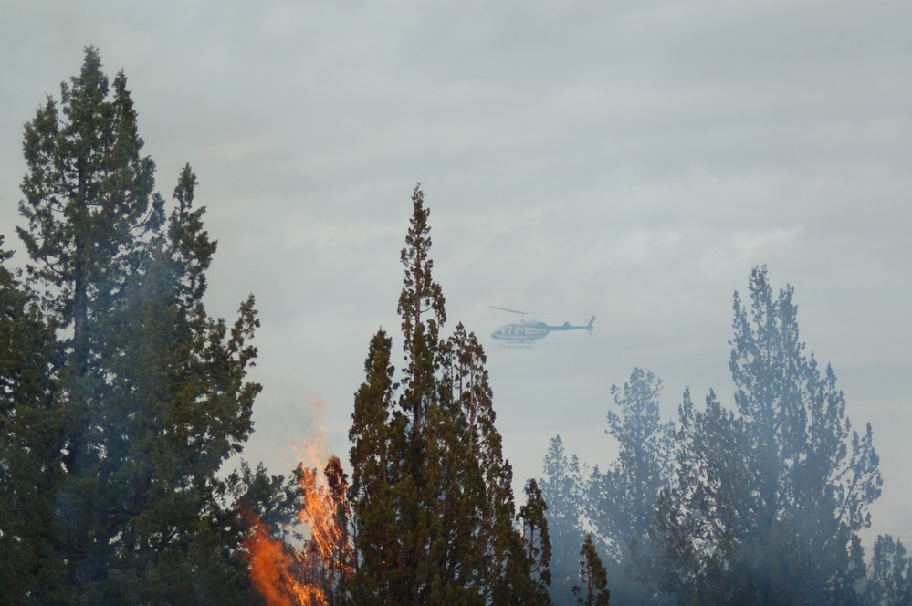 Incediaries dropped from a helicopter assist in igniting a prescribed burn.