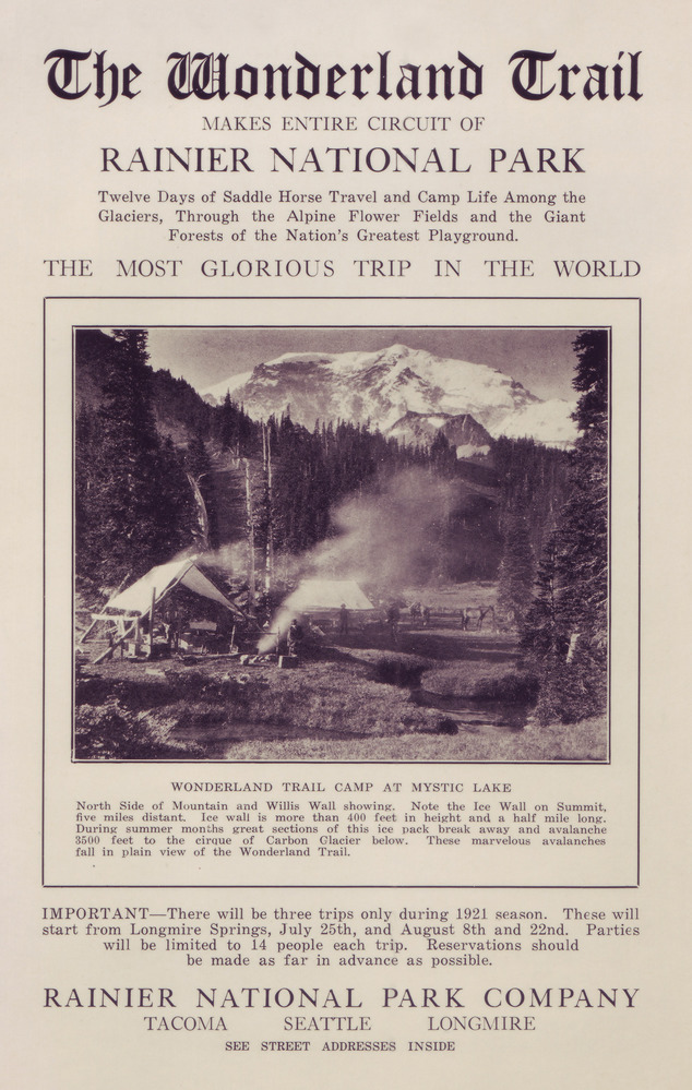 The cover page of a historic brochure reading "The Wonderland Trail: The Most Glorious Trip in the World"
