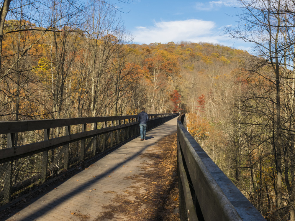 An old B&O railroad bridge crosses the Youghiogheny River. 