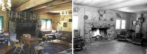 Side by side photos of the Drakesbad Lodge Lobby in 1939 and 2002