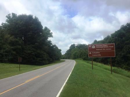 Brown sign to the right of a tree lined roadway