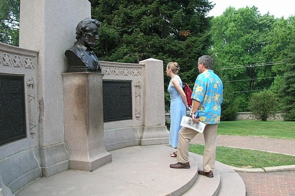 Visitors at the Lincoln Speech Memorial, which commemorates the Gettysburg Address in the Soldiers' National Cemetery at Gettysburg.