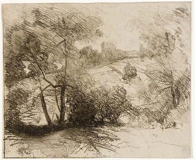 A sketch of trees with a hillside in the background.