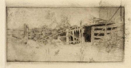 An etching of a wood fence with the gate swung open. 