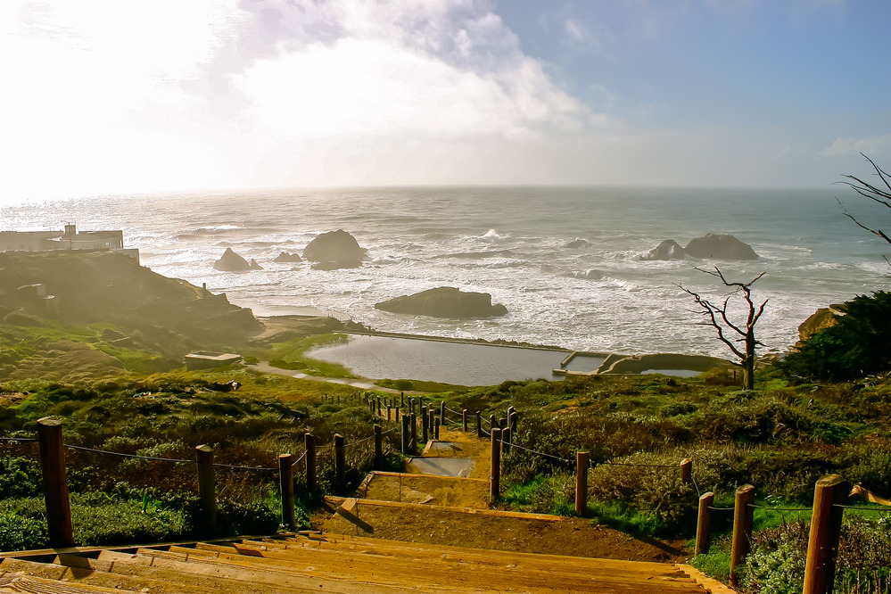 The view atop the steps at Land's End give visitors a majestic view of the waves just beyond the remnants of the Sutro Baths. 