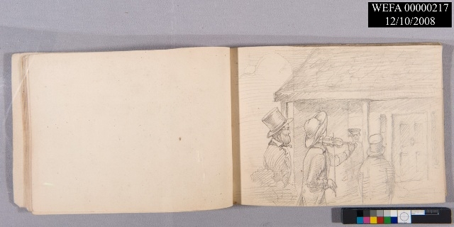 A sketch in a notebook of three men with top hats standing in front of a doorway of a building.