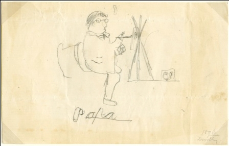 A sketch of a man sitting in a chair and the words "Papa" underneath.
