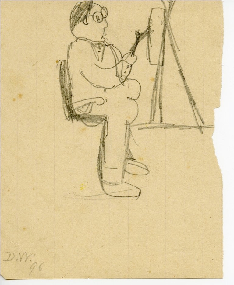 A sketch of a man with glasses sitting in a chair.
