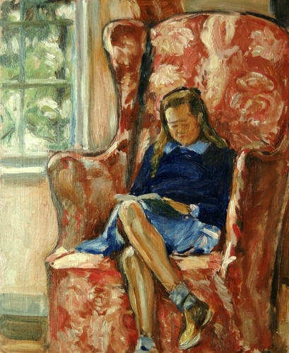 A painting of a girl in a blue dress sitting in a red armchair reading.