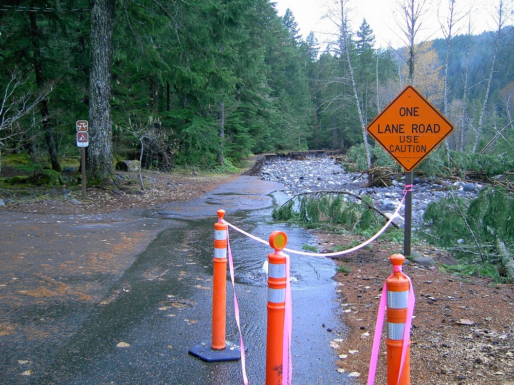 Erosion by the Nisqually River tore out part of the road through the historic Longmire Campground.