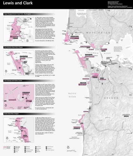 Overview map of the Lewis and Clark National Historical Park and its 12 units in Oregon and Washington.