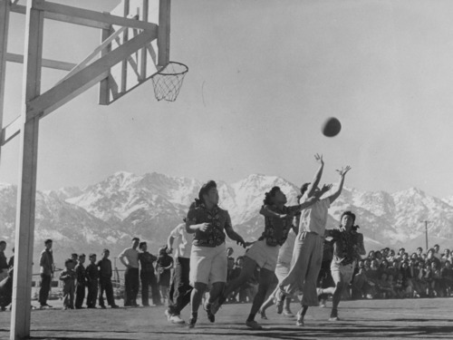 Basketball games are part of the regular scheduled recreational events, which help to fill out the lives of residents in relocation centers. These girls are participating in a nip and tuck game, which frequently brought the spectators to their feet.