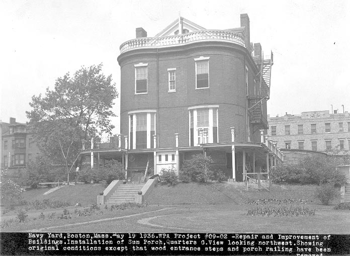 The earlier porch is being removed in the May 19, 1936 photo, in preparation of the building of a new sunporch. This construction job was a WPA project during the Great Depression.