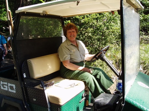 A smiling woman in a volunteer uniform sits behind the wheel of a covered golf cart. 