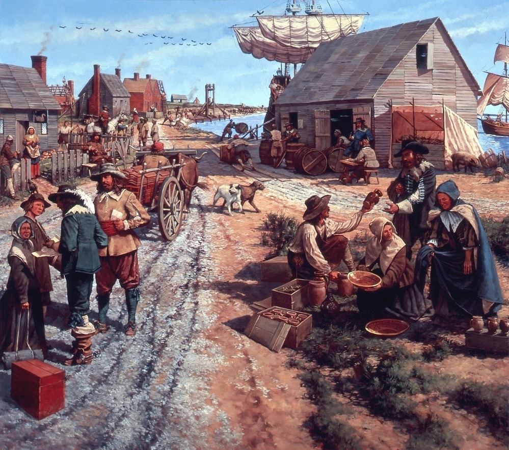 A scene of a busy street in Jamestown, circa 1650 (Keith Rocco, artist).
