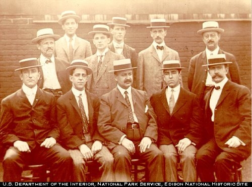 Edison Recording Department group on roof of 79th Fifth Avenue; Front row, Messrs. Meeker, Emmons, Cronkhite, Burt, Jaudas; Back: Hofbauer, Rabenstein, Werner, Getcliffe, Voorhis, Benzler; New York, NY Ca1909. 10.120/44