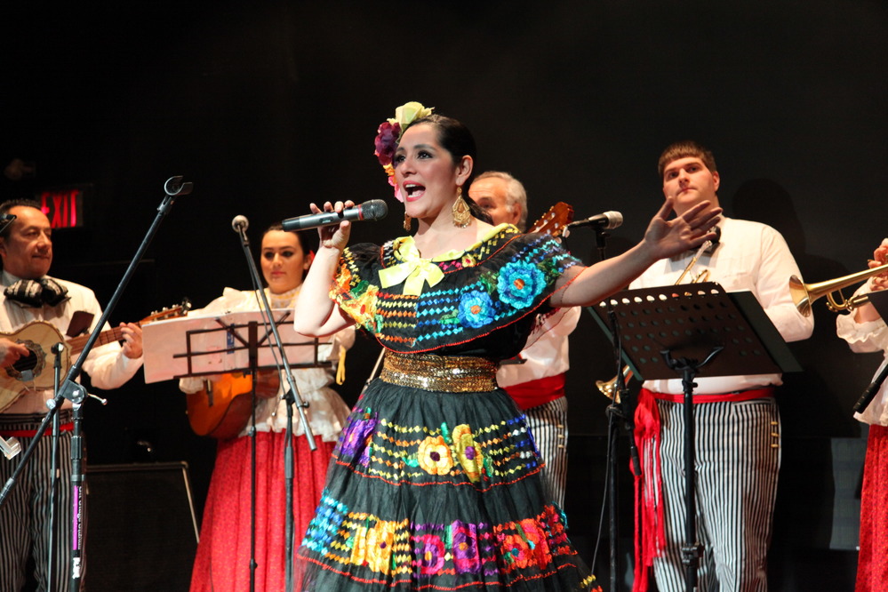 A woman in a elegant ethnic dress sings in front of a band on stage at the Lowell Festival