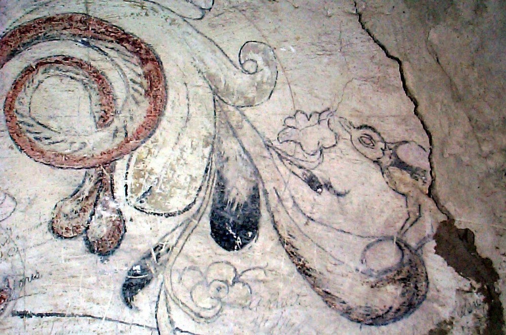 Detail of Fresco at Mission Concepción; unknown if fresco was not completed or whether color wore off.