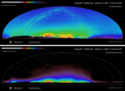 Data mosaic shows "all sky brightness" measurements from celestial and outdoor sources at Cadillac Mountain, Acadia National Park, Maine.