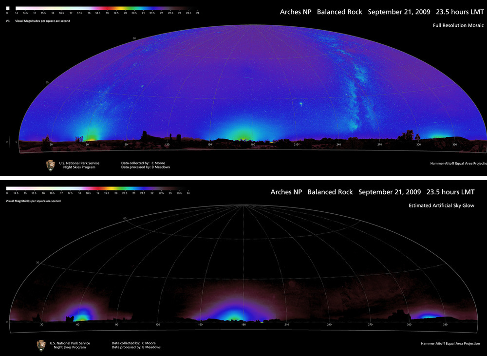 Data mosaic shows "all sky" brightness measurements from celestial and outdoor lighting sources, Balanced Rock, Arches National Park, Utah.