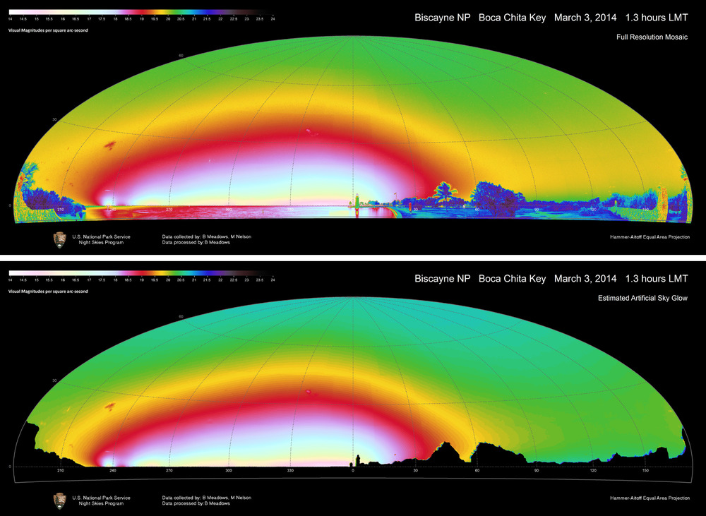 Data mosaic shows "all sky" brightness measurements from celestial and outdoor light sources at Boca Chita Key, Biscayne National Park, Florida.