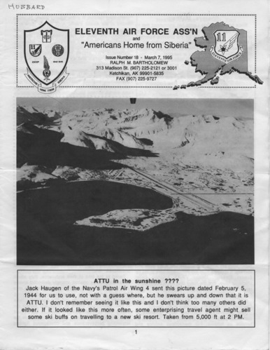 Printed brochure with header Eleventh Air Force Ass'n and 'Americans Home from Siberia' and a photo of snowy mountains