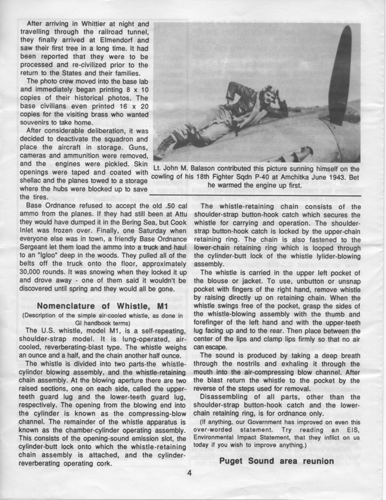 Newsletter page with headers Nomenclature of Whistle, M1 and Puget Sound area reunion