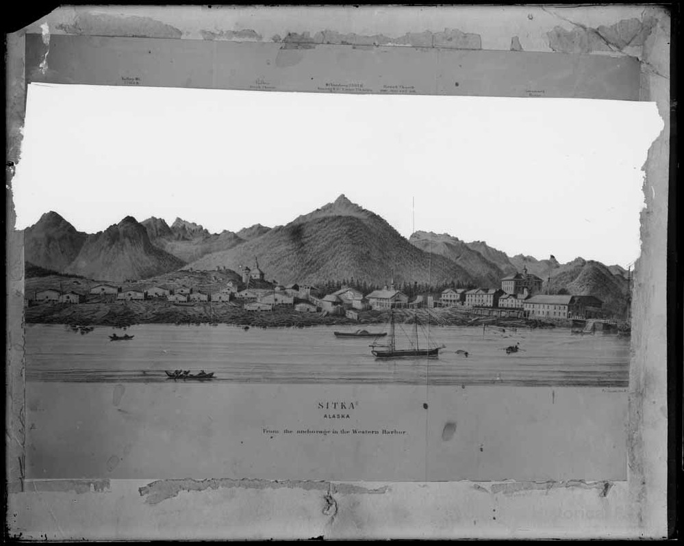 Copy photograph of an engraving of Sitka harbor from the west.