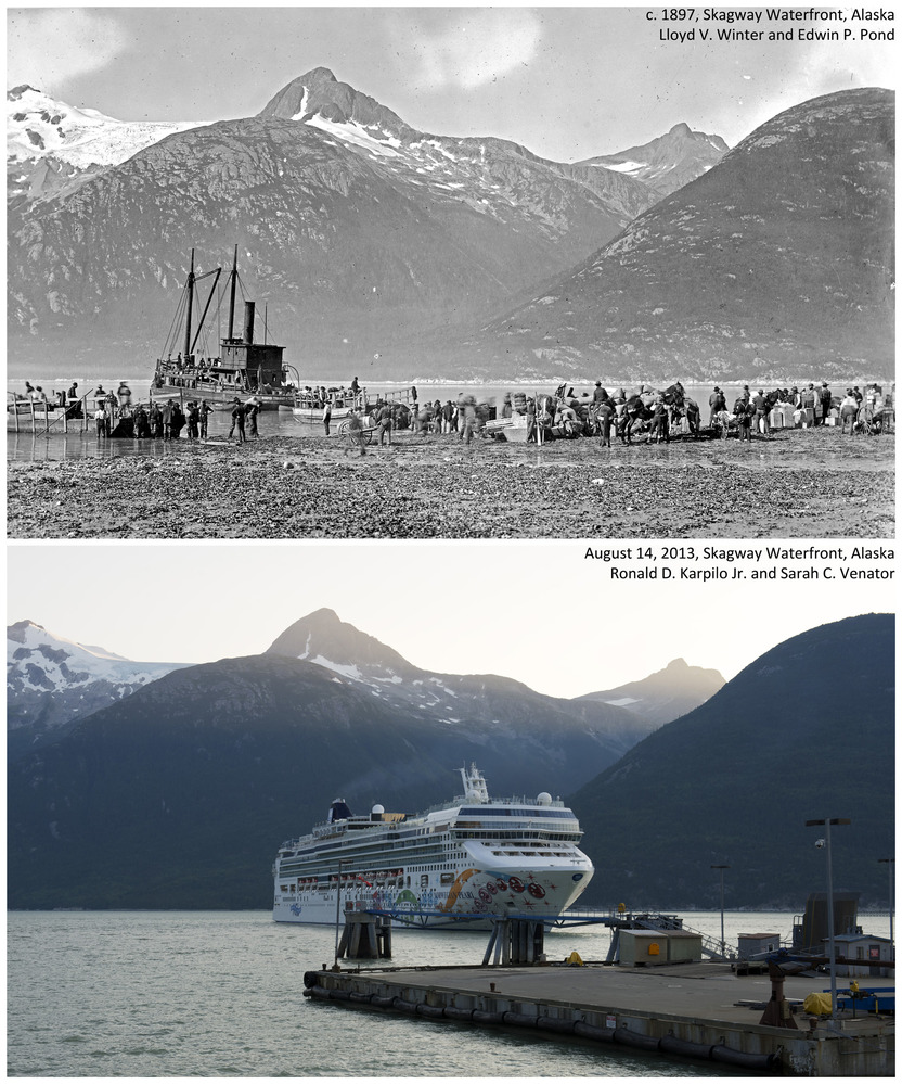 Top: small boats with people at the shore mountains in background.  Bottom: cruise ship near a dock with mountains in background
