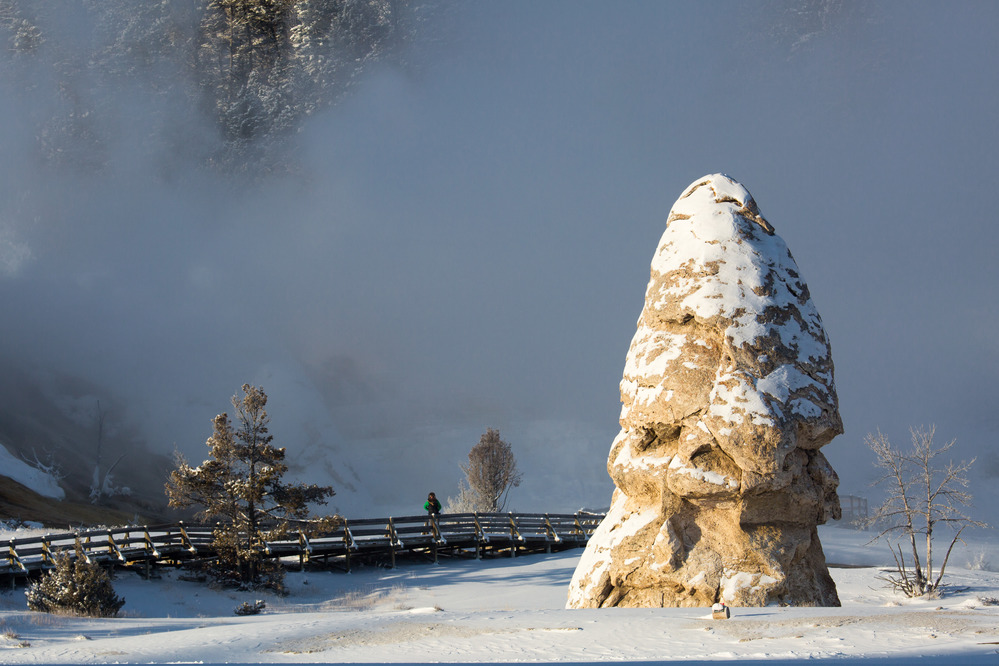 A tall, narrow travertine formation out in the open with sun shining on it.