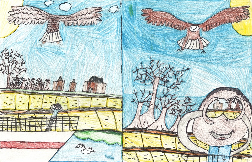 Student observing bald eagle and river bluffs