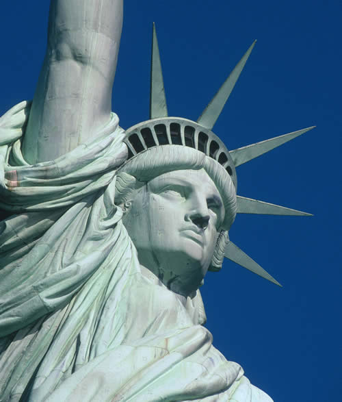 An image from the base of the Statue of Liberty looking upwards.