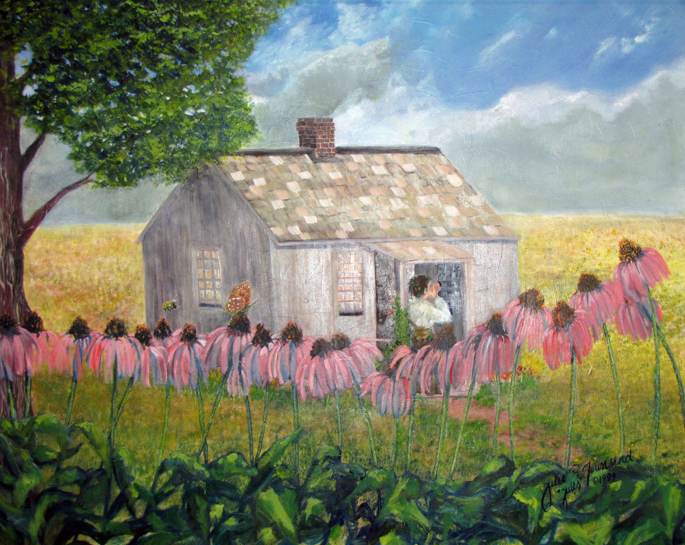 A painting depicts a small white cottage in prairie among yellow grasses and pink flowers.