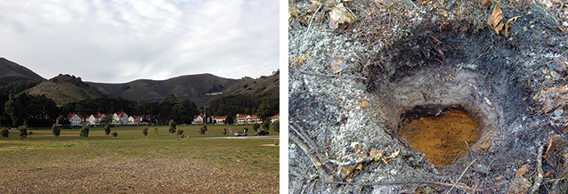 Parade grounds at Golden Gate NRA (left) and three soils visible in shallow pit at Gauley River