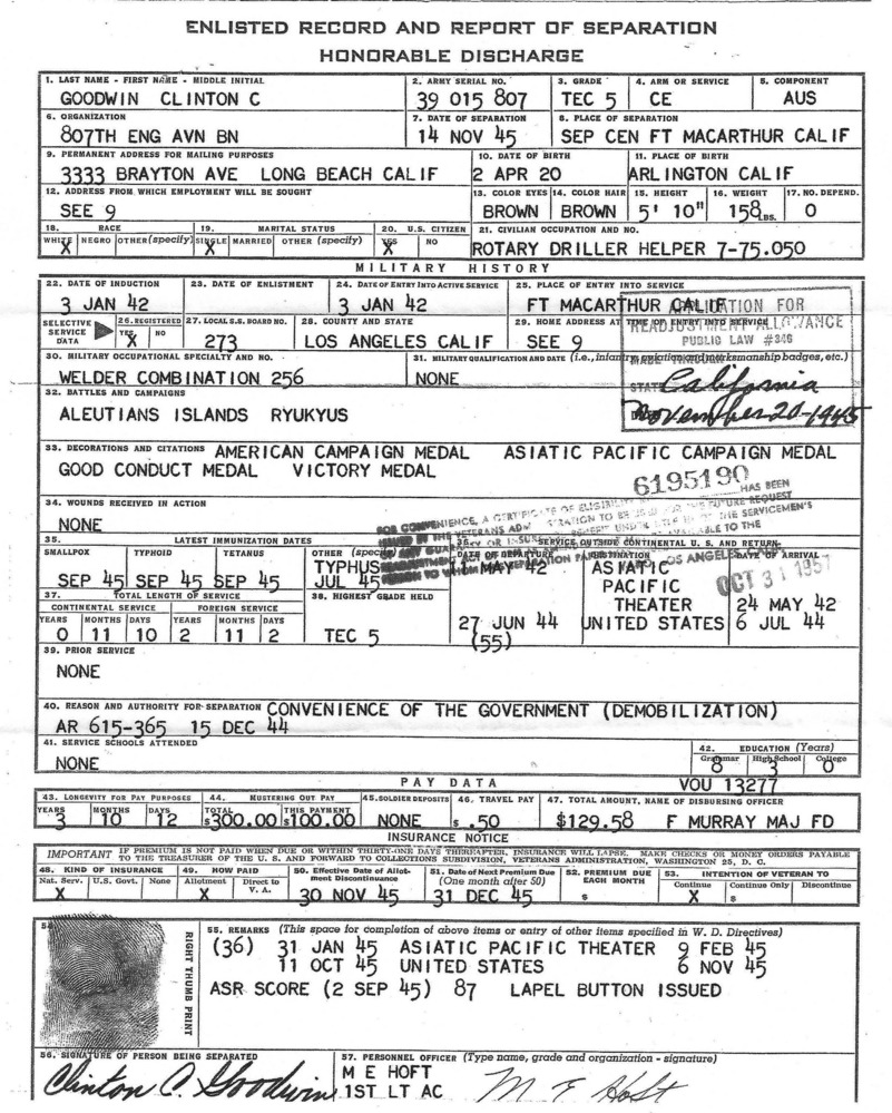 Form with many fields and thumbprint titled "Enlisted record and report of separation honorable discharge" dated Nov 1945