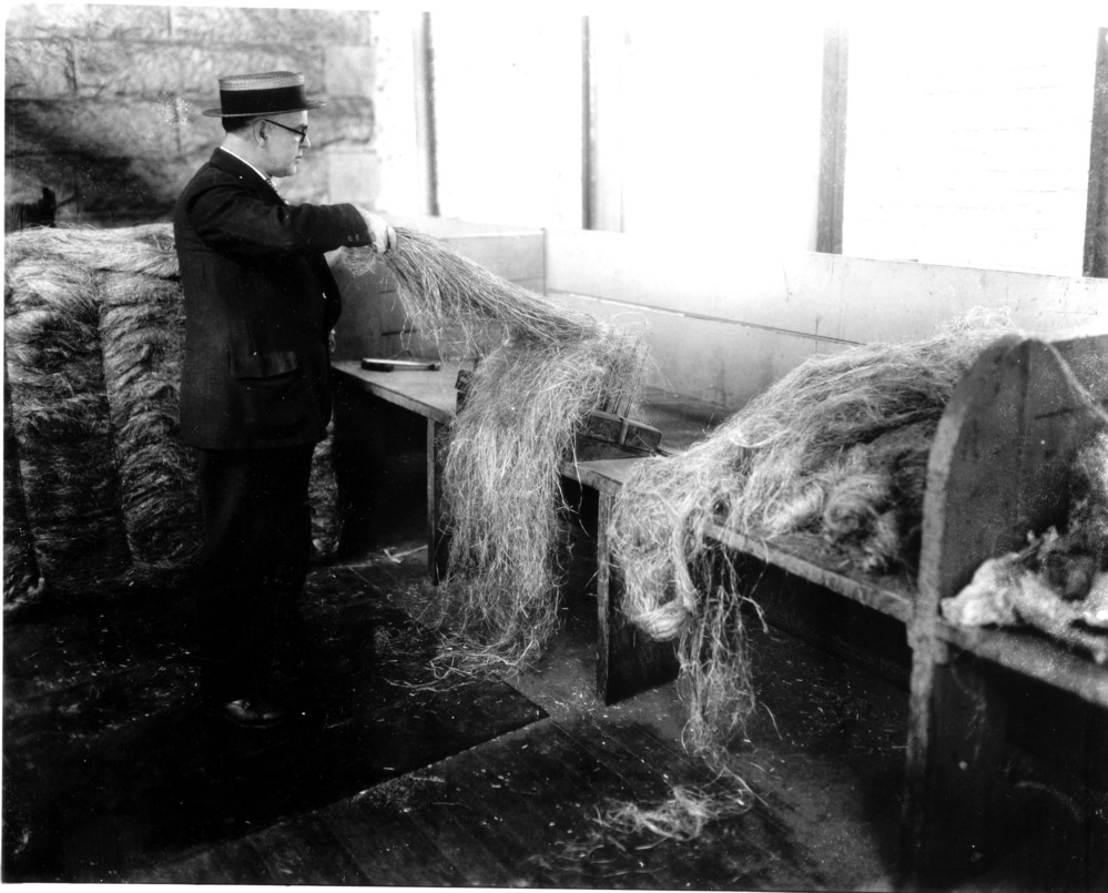 When rope was made by hand, hackeling removed the dirt, twigs and bark. It also aligned the fibers so the yarns could be spun. The Breaker machines replaced this hand operation.