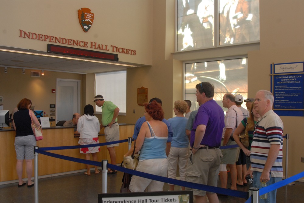 Visitor in line waiting to get their Independence Hall tickets
