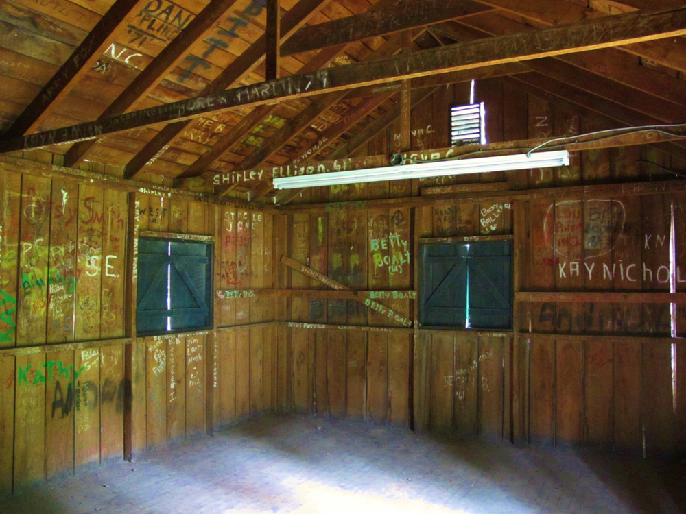 interior of cabin with grafitti 
