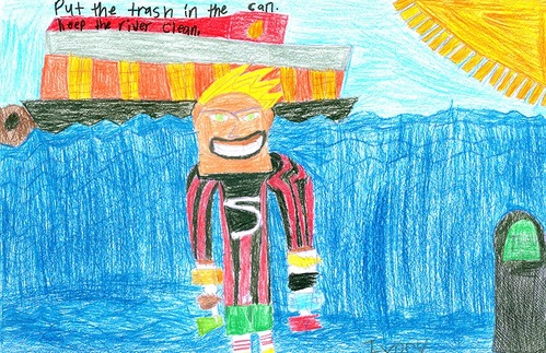 A man stands beside the Mississippi River while a large boat steams downstream behind him.