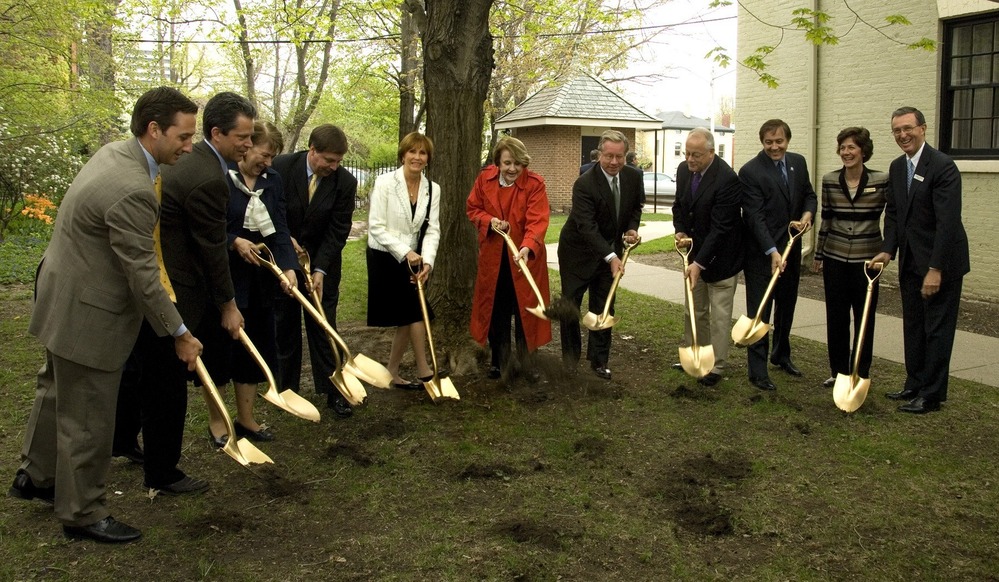 Construction is officially underway! The groundbreaking ceremony was held on May 2, 2008. Among those taking a ceremonial shovel in hand are (l.-r.) NYS Assemblyman Jack Quinn, National Park Service Project Manager Richard Chilcoat, Volunteer Coordinator Liz Krawczyk, NYS Assemblyman Sam Hoyt, NYS Senator Mary Lou Rath, US Congresswoman Louise M. Slaughter, NYS Assemblyman Robin Schimminger, NYS Senator William T. Stachowski, NYS Assemblyman Dennis Gabryszak, Executive Director Molly Quackenbush, Foundation President Lawrence D. Seymour.