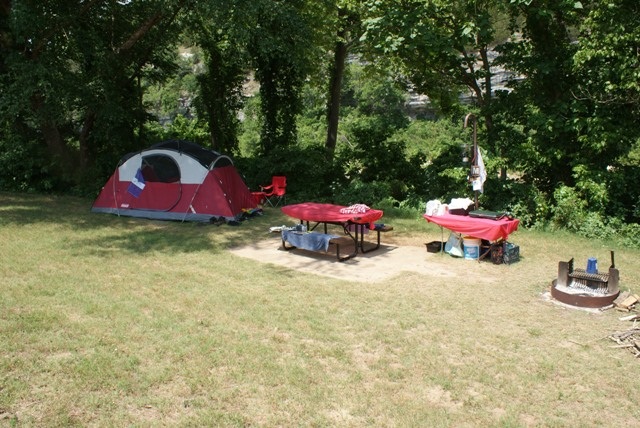 campsite with red tent