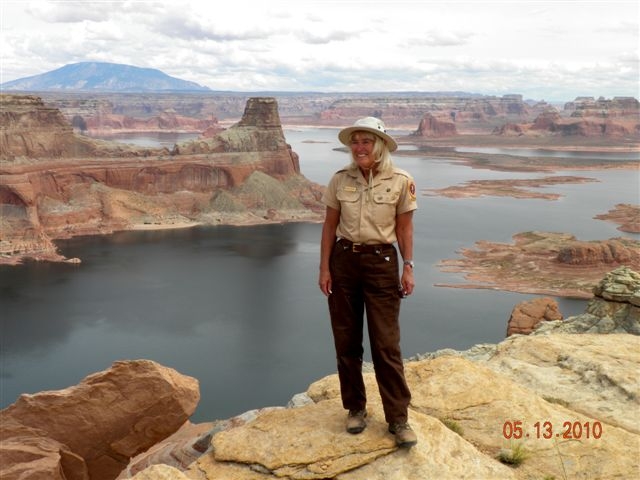 Volunteer Vivian Firlein at the Alstrom Point overlook.