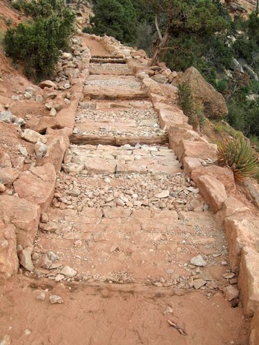 The rip-rap construction method being used in the rehabilitation of the South Kaibab Trail - July 2009