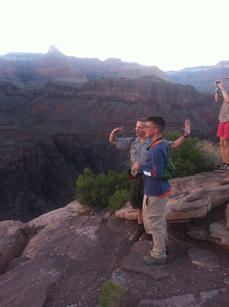 Ranger Jeff teaching Dawson, 14 about the rock layers from Plateau Point inside Grand Canyon